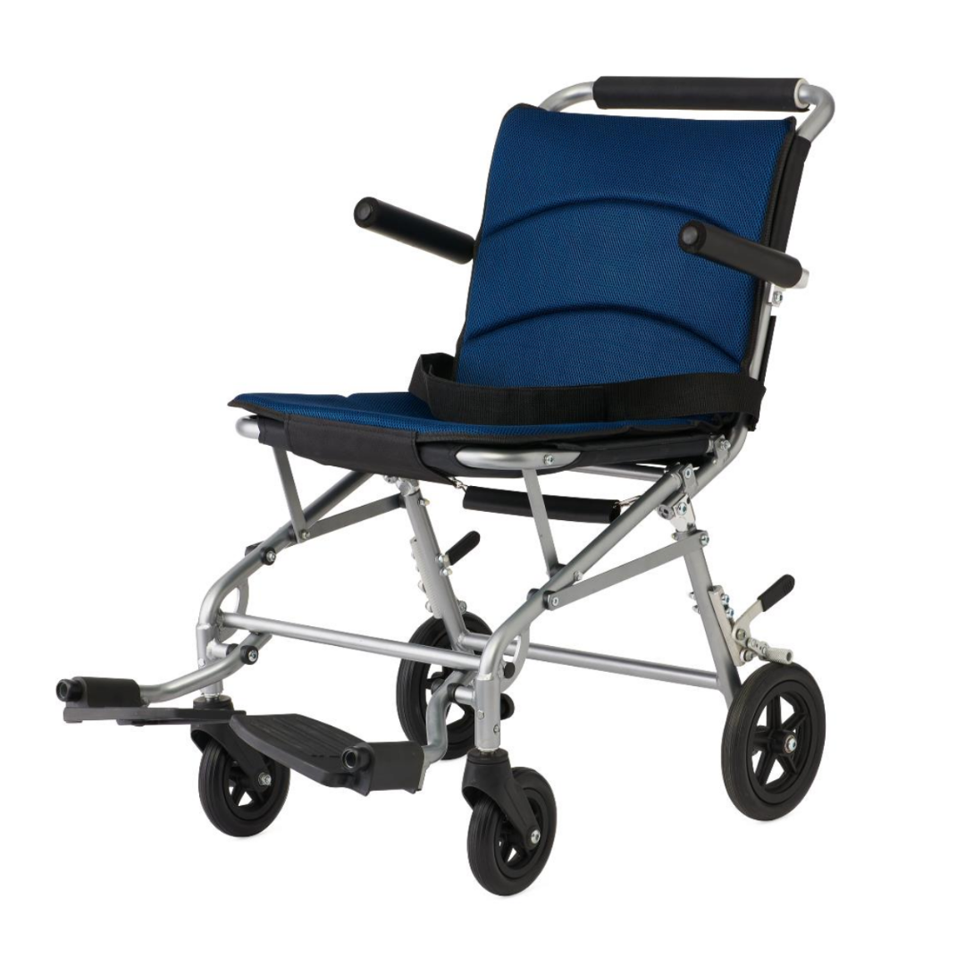 The Medline Fold-Flat Aluminum Transport Chair features a blue padded seat and backrest, black armrests, footrests, and four small wheels. Its foldable design offers easy mobility and effortless transport wherever you go.